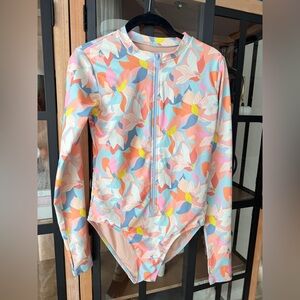 Mott50 one piece swimsuit rashguard Long Sleeve zip up colorful floral kelly